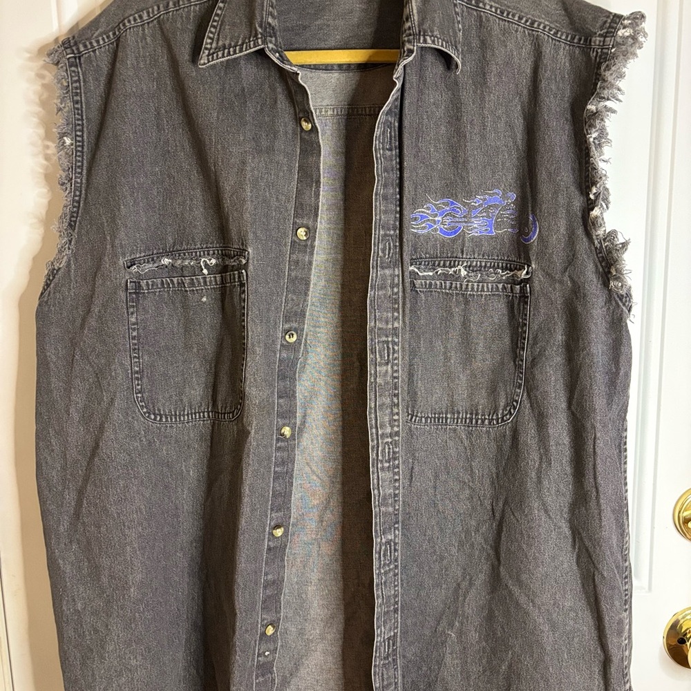 American biker Bikercore Gray Sleeveless Denim Button Down Shirt men’s XXL